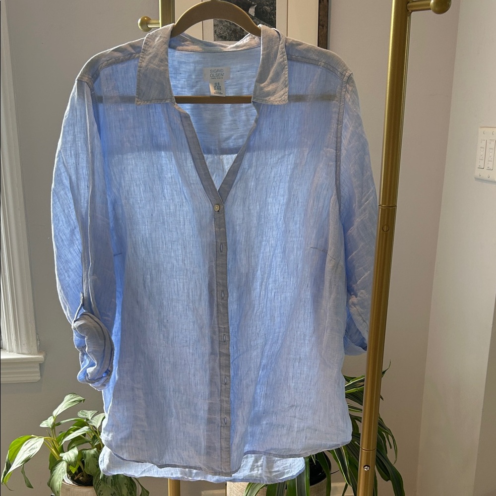 Sigrid Olsen Light Blue Linen Button-Front Shirt